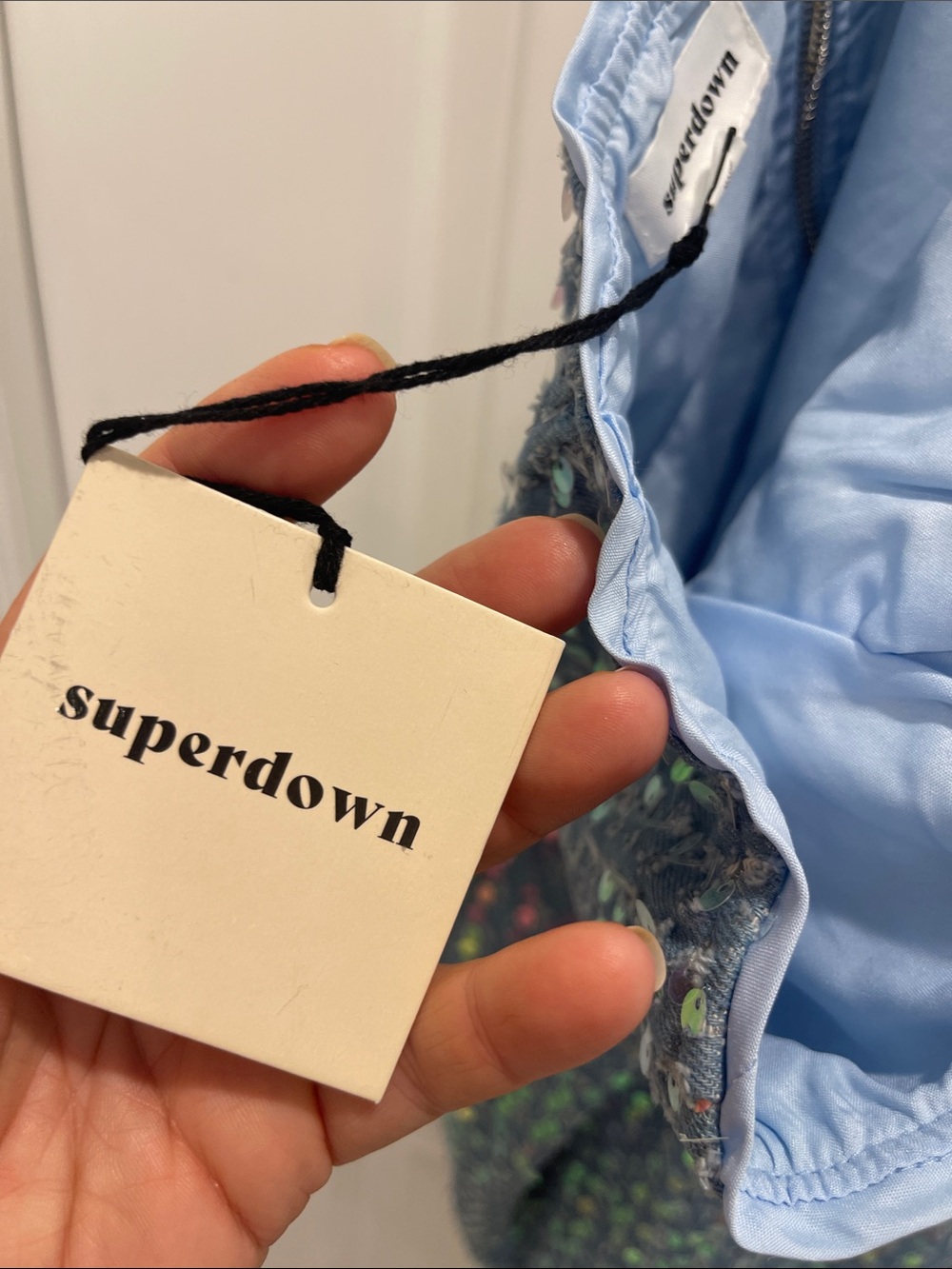 Superdown Iridescent Sequin Strapless Mini Dress in Blue - Picture 3 of 5